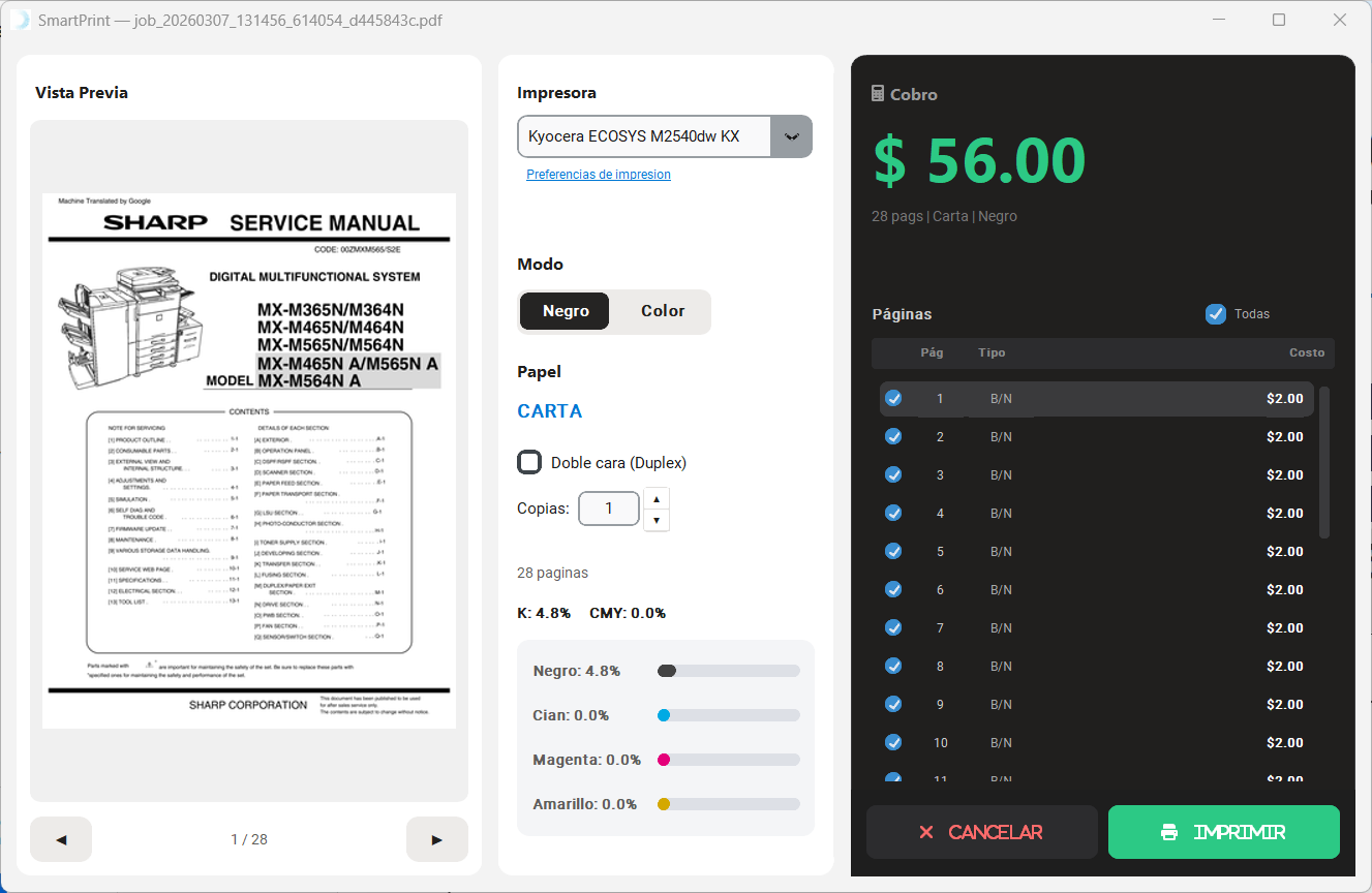 Ventana de cobro — SmartPrintControl