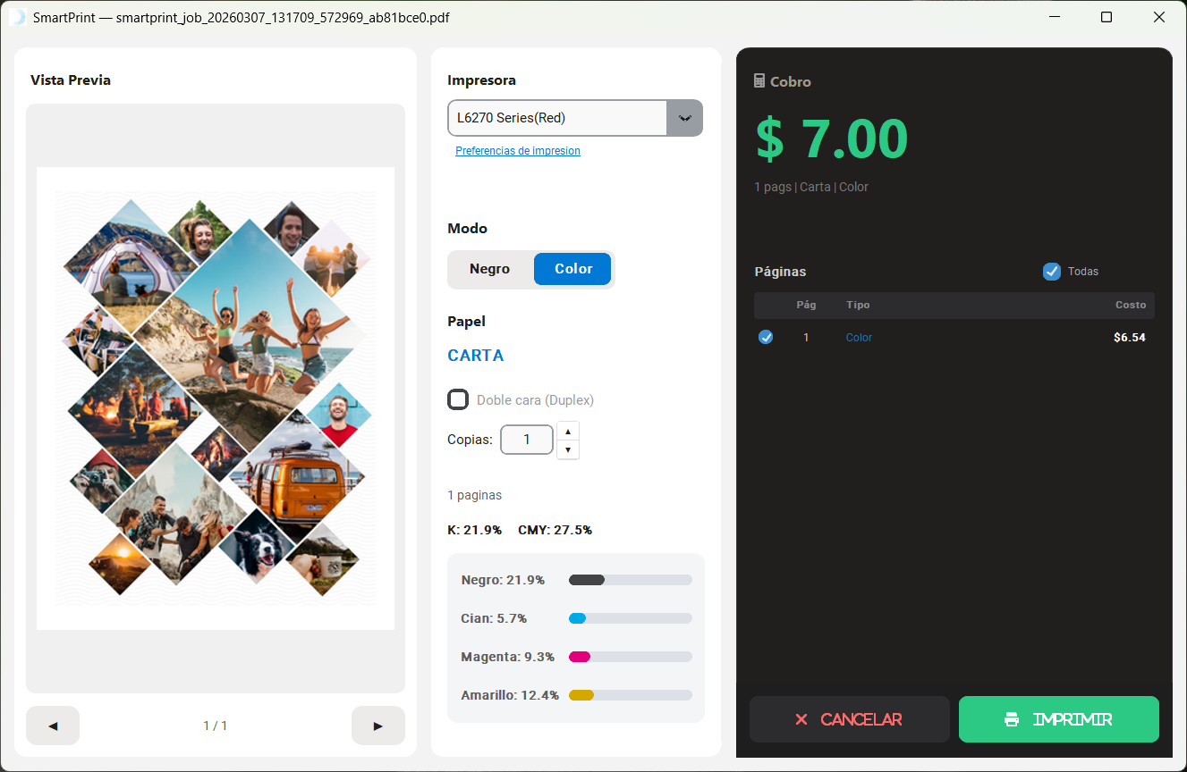 Análisis CMYK por página — SmartPrintControl